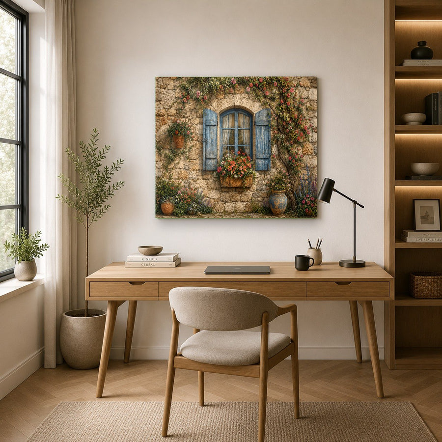 A beautiful rustic window glass print hanging in a boutique hotel lobby with warm ambient lighting.