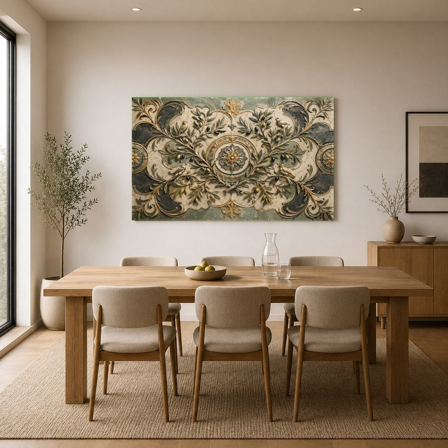 Contemporary home corridor decorated with a premium olive branch tempered glass art piece under warm spotlighting.