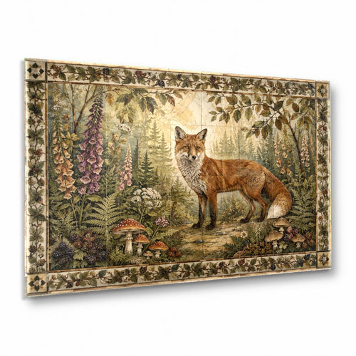 A rustic living room featuring the Fox Forest glass wall art mounted above a brown leather sofa.