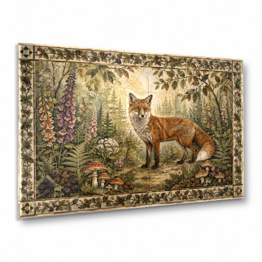 A rustic living room featuring the Fox Forest glass wall art mounted above a brown leather sofa.