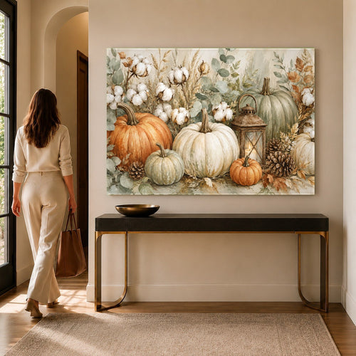 A rustic pumpkin glass print hanging in a cozy farmhouse living room decorated for autumn.