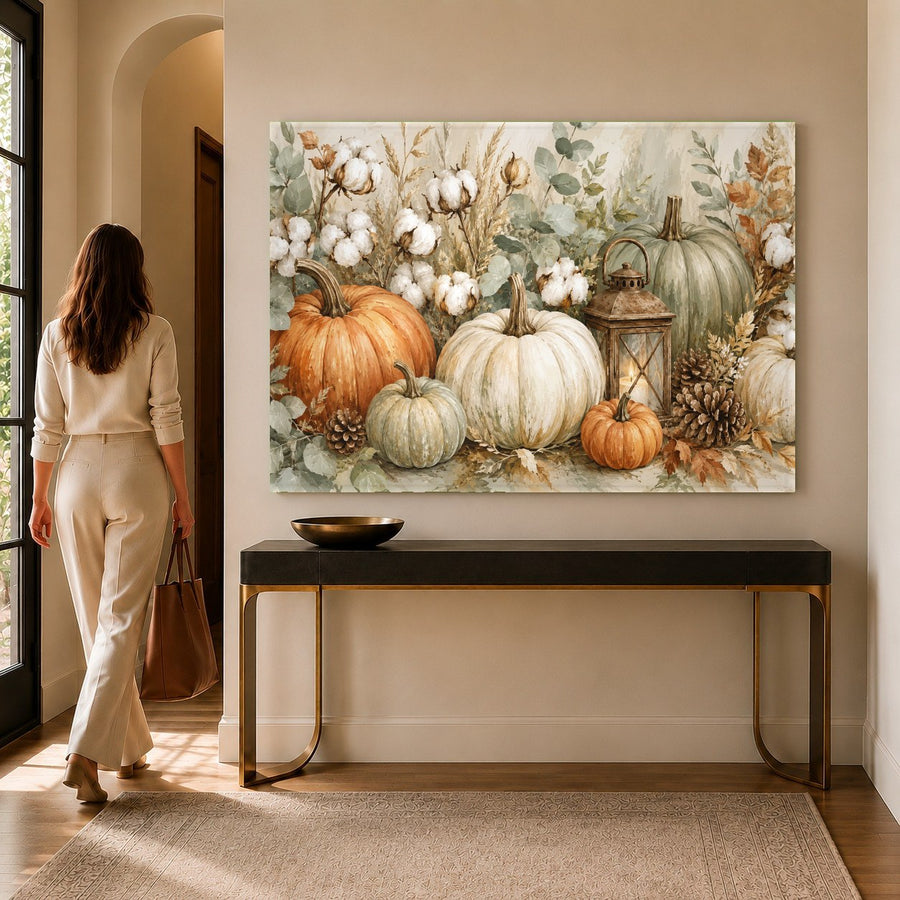 Close-up of a seasonal pumpkin glass wall art piece in a modern kitchen with warm lighting.