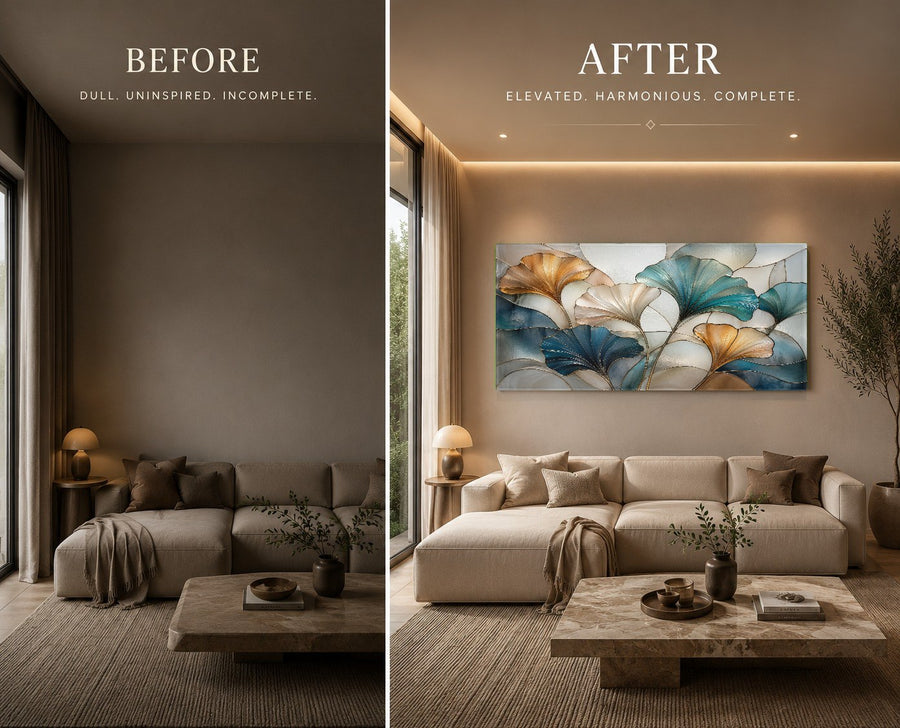 Sophisticated dining room with the indigo floral glass artwork illuminated by modern pendant lighting.