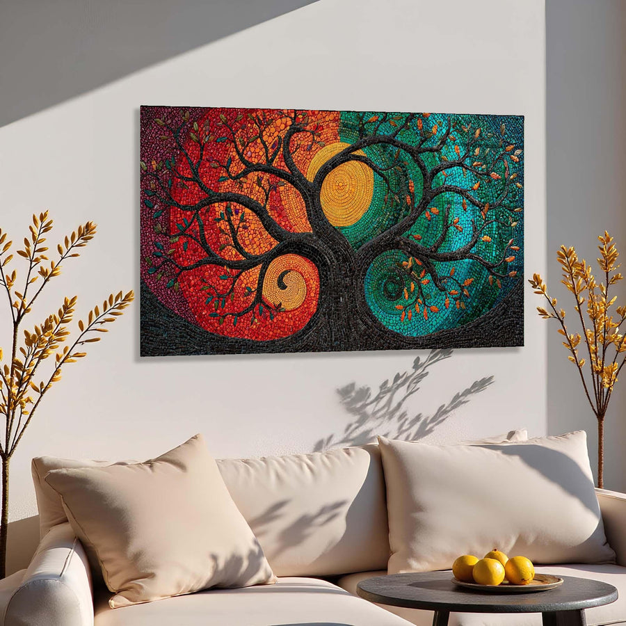 Colorful abstract tree of life painting on a wall above a sofa.