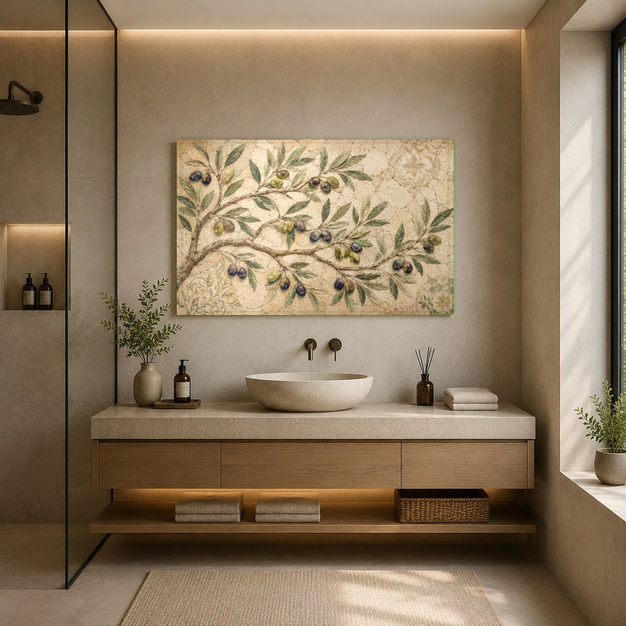 Botanical glass wall hanging displayed in a chic boutique hotel lounge