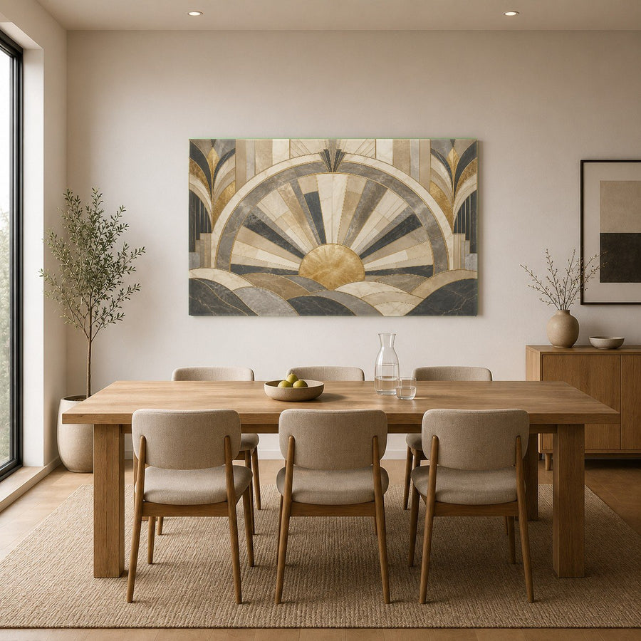 Elegant modern tempered glass print with gold accents hanging in a luxury hotel lobby above a velvet armchair.
