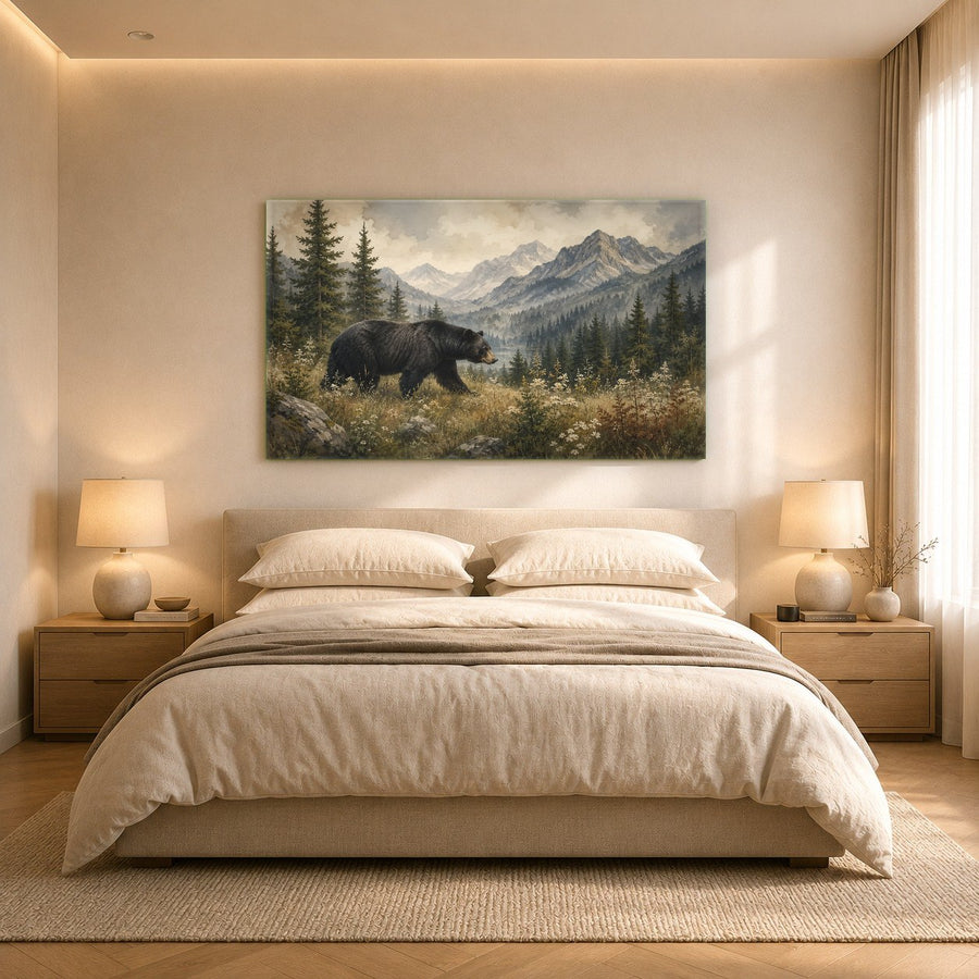 Large black bear tempered glass print on a wooden wall in a rustic home office.