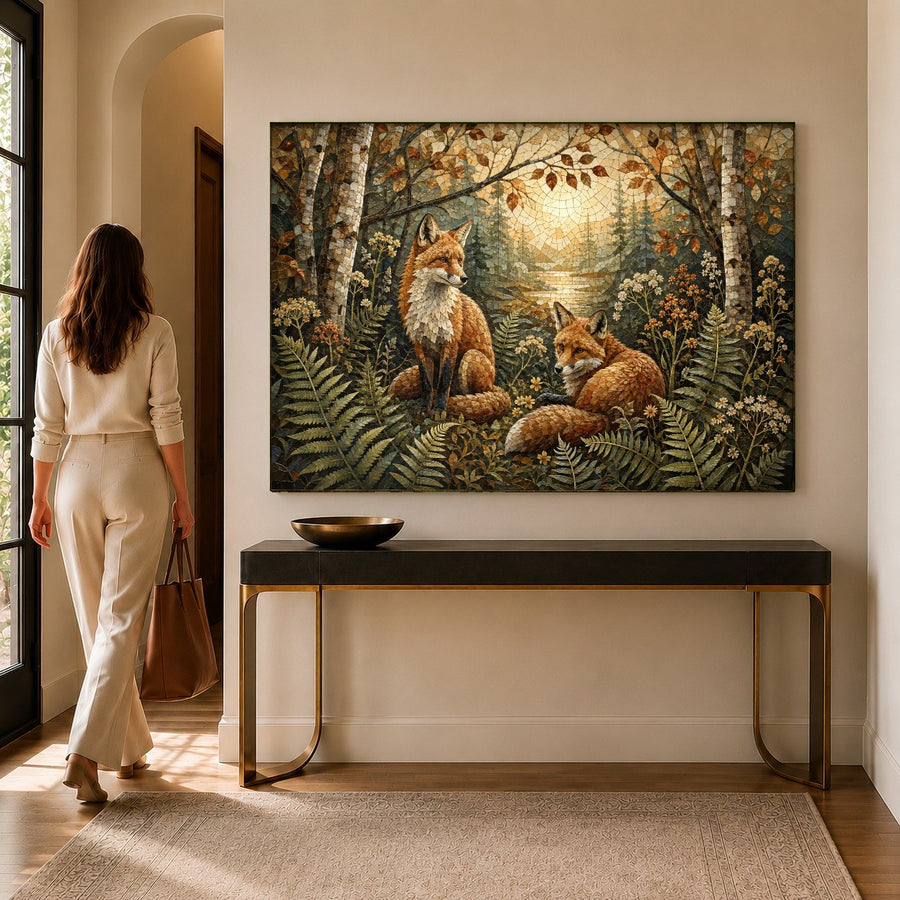 Woodland fox tempered glass print hanging as a focal piece over a rustic wooden bed frame in a cozy bedroom.