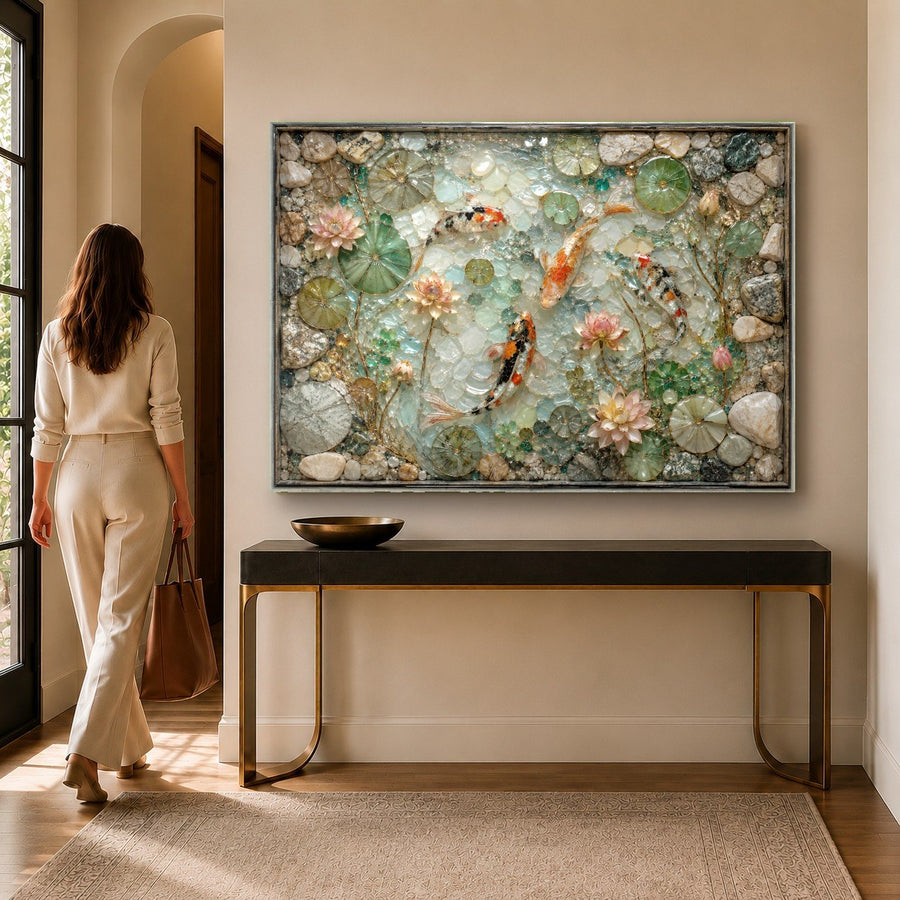 A serene spa room featuring the emerald koi glass print on a textured stone wall next to bamboo plants.