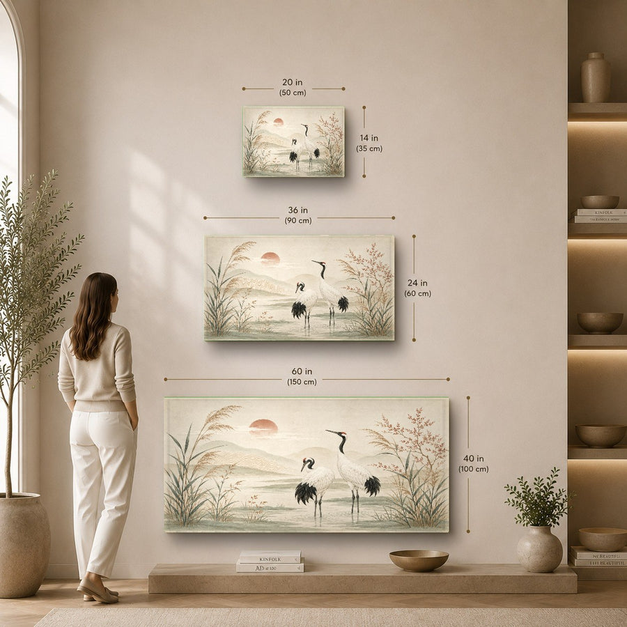 Serene bird glass print hanging above a rustic wooden sideboard in a dining room
