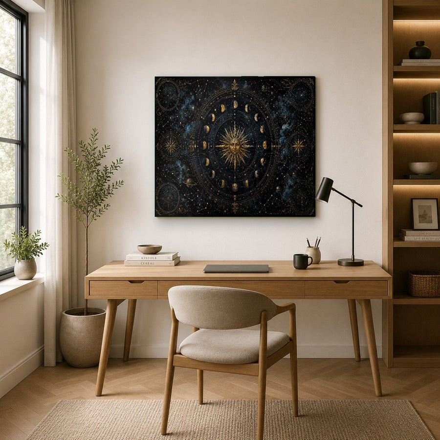 The gold and blue celestial map glass print displayed above a mid-century modern credenza in a dining room.