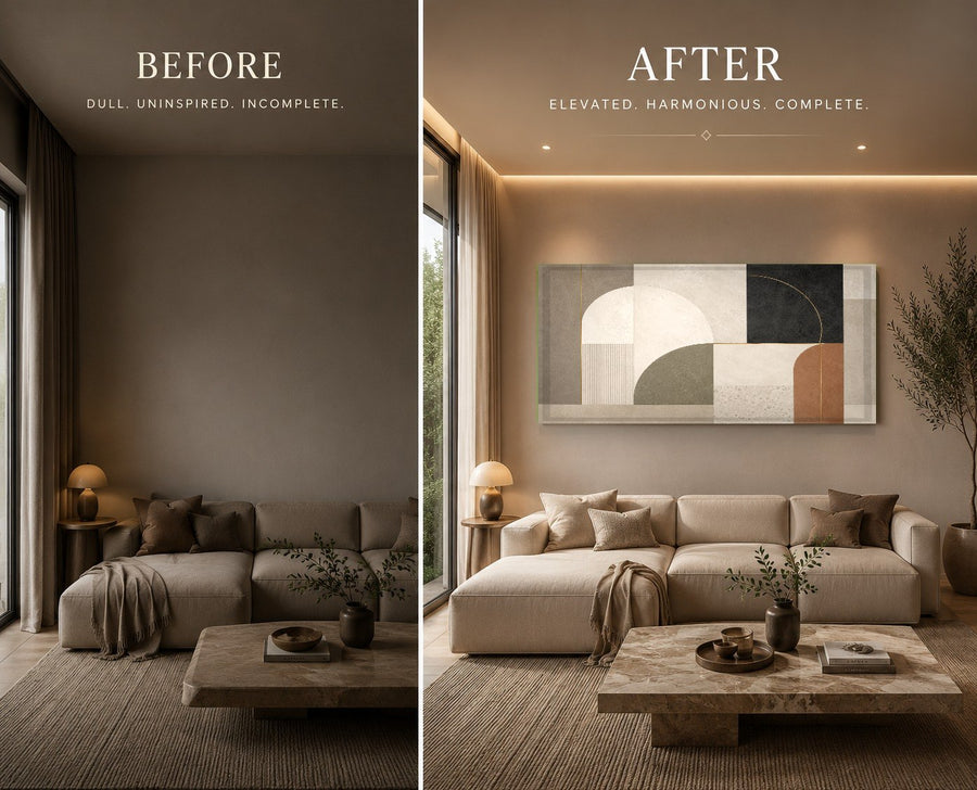 Quiet wellness room with warm ambient lighting and a calming geometric glass art piece on a textured plaster wall.