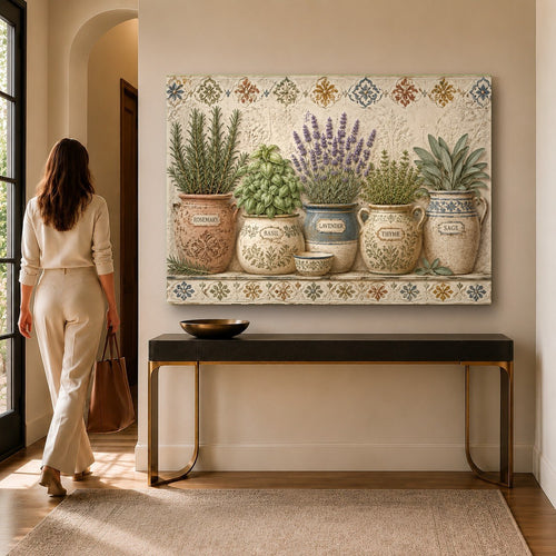 A vibrant flower pot glass wall art print hanging above a rustic wooden console table in a bright entryway.