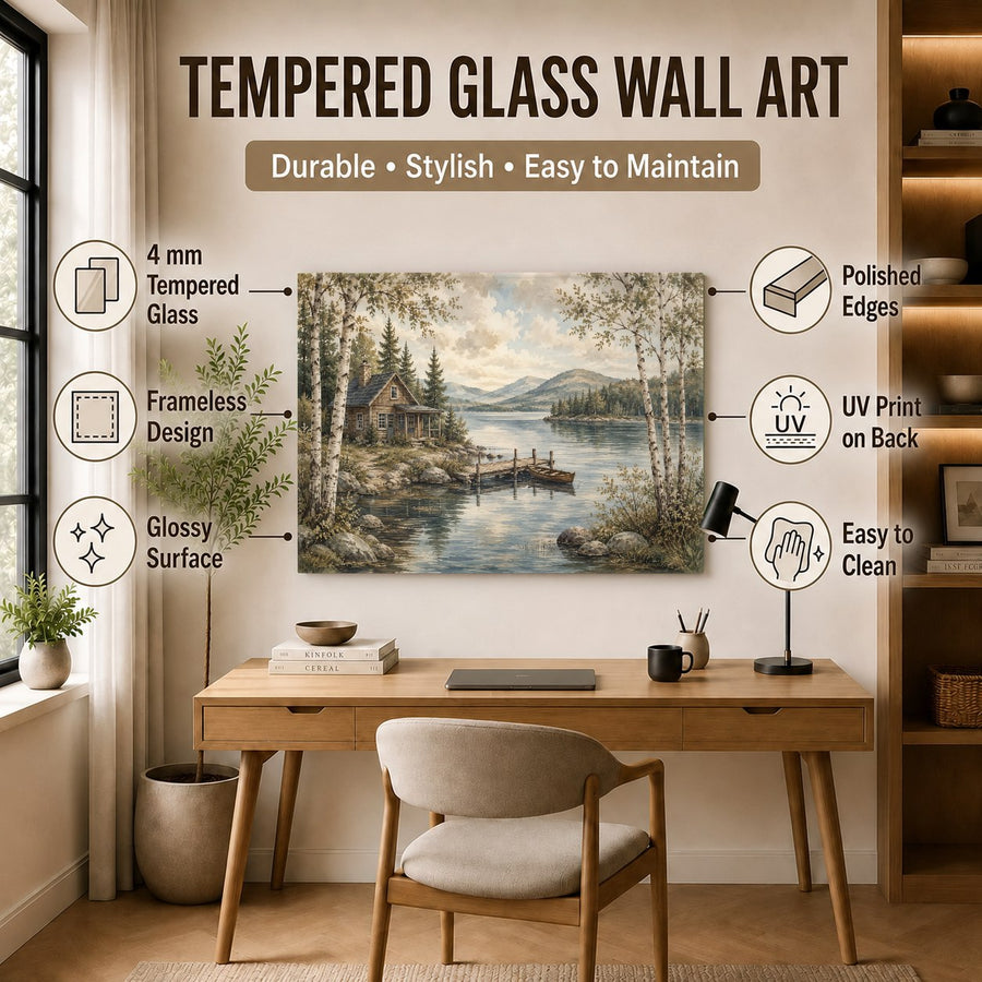 Nature-themed tempered glass wall decor adding a peaceful vibe to a contemporary home office desk area.