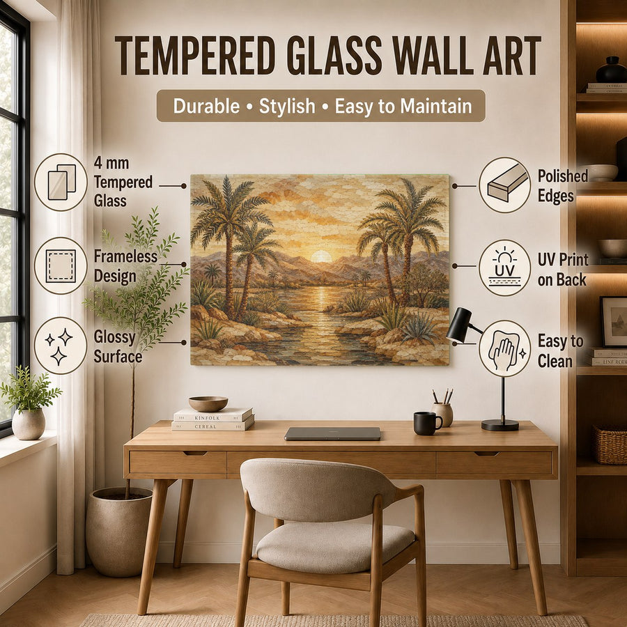 Deco Sunrise glass art piece reflecting warm ambient light in a chic, contemporary dining room setting.