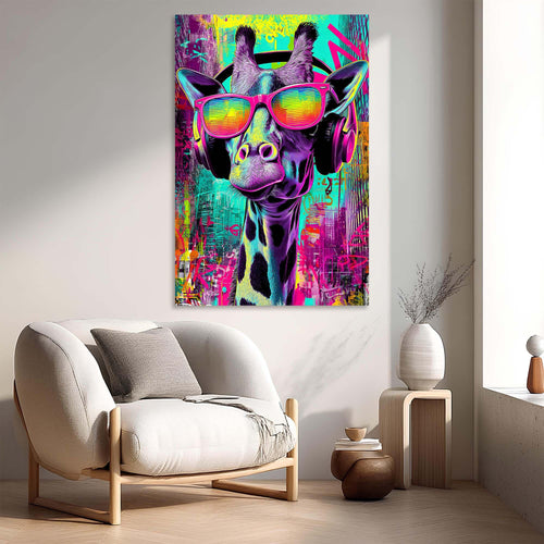 Colorful painting of a giraffe wearing sunglasses with a vibrant abstract background