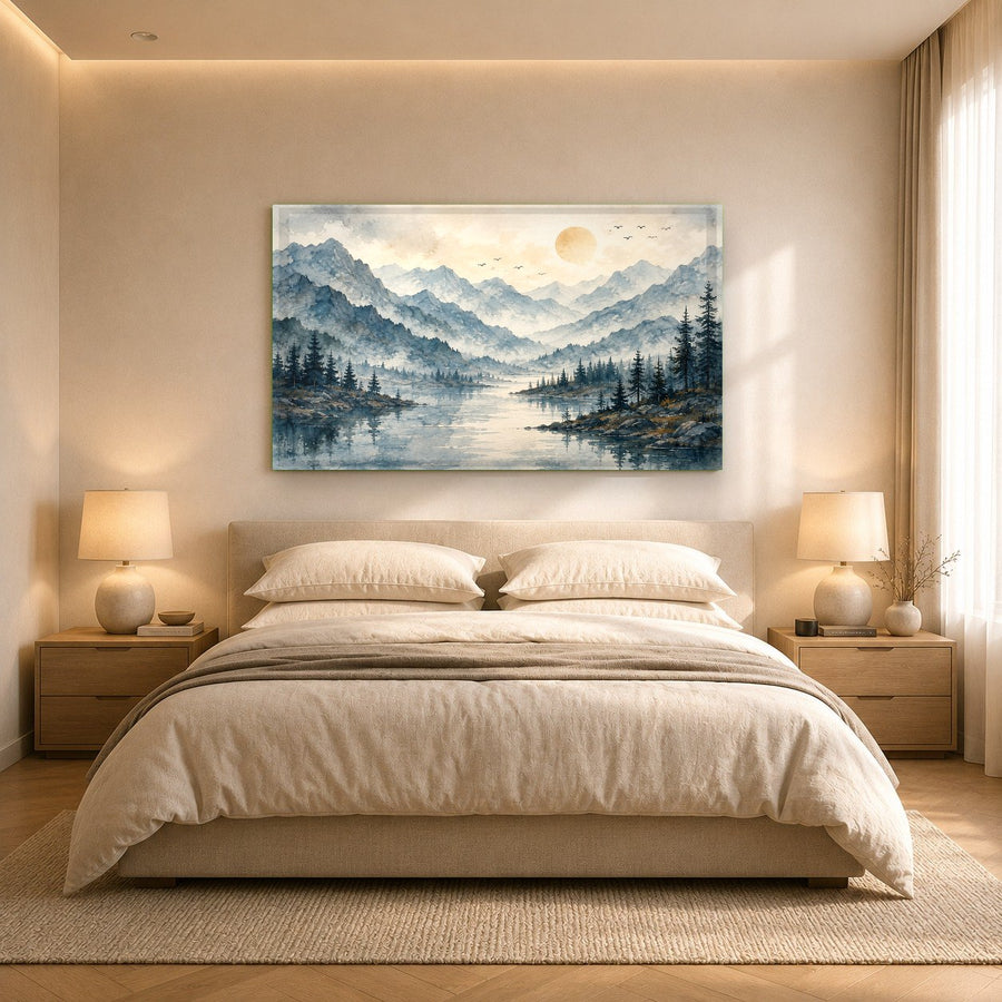 Frameless nature glass wall art bringing a calm, scenic vibe to a modern executive office space.