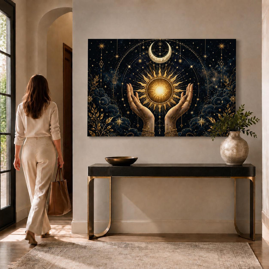 A woman in a cream outfit walks past a console table toward a large wall art print showing a glowing sun between two hands under a crescent moon in a starry night sky. The room has warm neutral walls, a dark console table with gold-toned legs, and a vase with greenery.