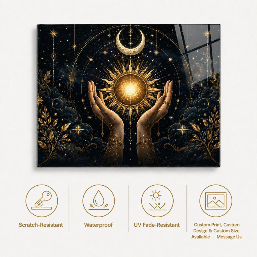 A rectangular wall art print or canvas featuring a dark celestial design with two raised hands, a glowing sun, crescent moon, stars, and ornate gold decorative elements on a black background. Below the artwork are four gold-outlined feature icons reading Scratch-Resistant, Waterproof, UV Fade-Resistant, and Custom Print / Custom Design / Custom Size Available — Message Us.