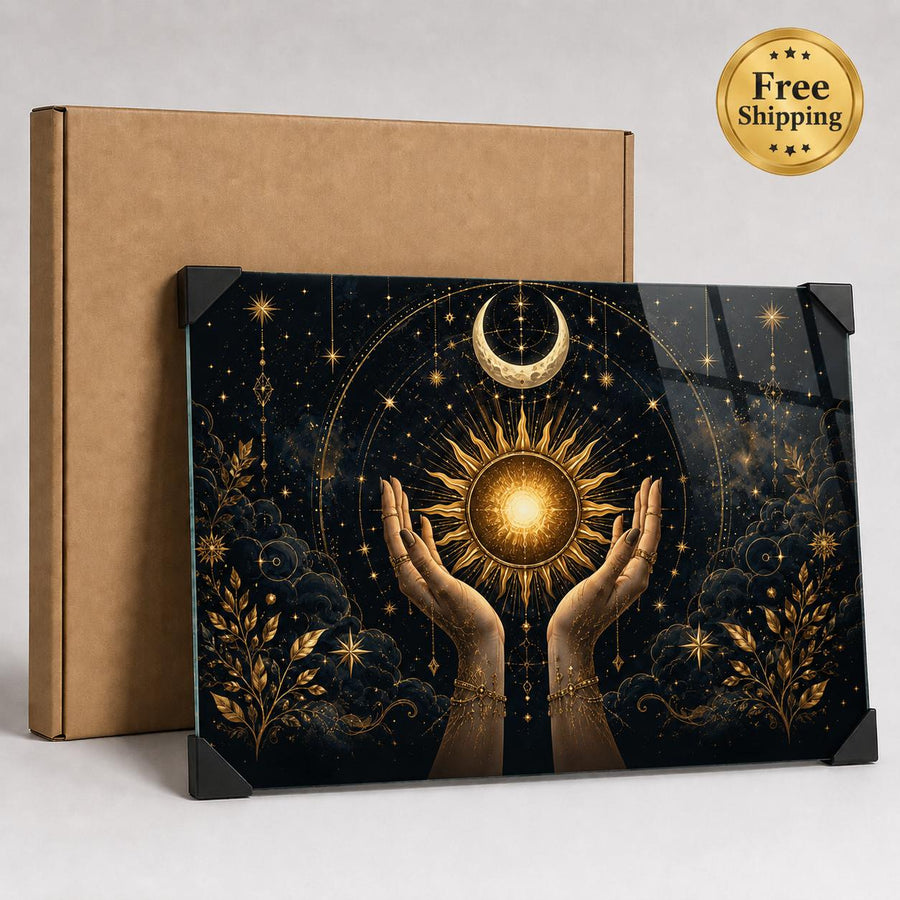 A rectangular decorative plaque or print with black corner protectors, shown in front of a brown kraft box. The artwork features two raised hands holding a glowing sun, with a crescent moon, stars, and ornate gold details on a dark background.