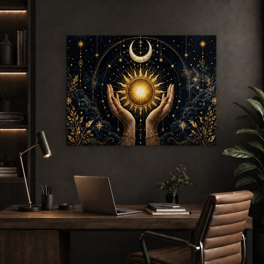 A vertical canvas wall art print featuring a mystical celestial design with a glowing gold sun, hands, crescent moon, and stars on a dark navy background, displayed in a modern home office setting above a wooden desk.