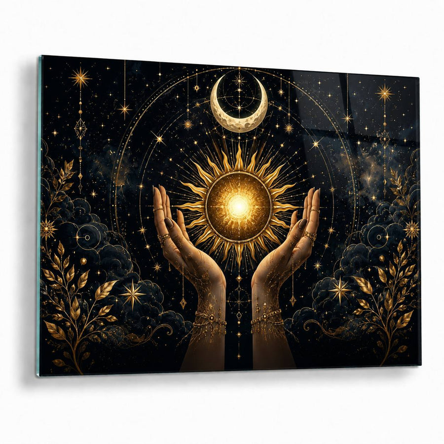 A square wall art print or canvas featuring a mystical celestial scene: two raised hands holding a glowing golden sun, with a crescent moon above, stars, clouds, and ornate gold botanical details on a dark background.