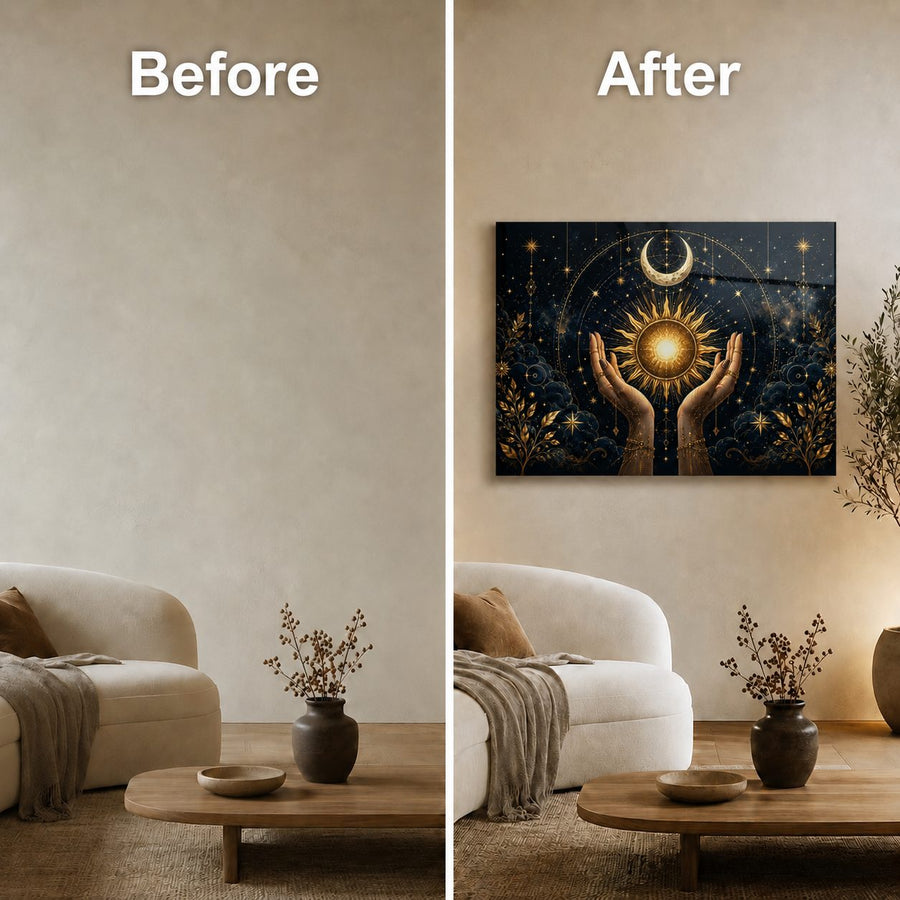 A side-by-side before and after comparison showing a living room wall. The left 'Before' side is plain and warm beige.