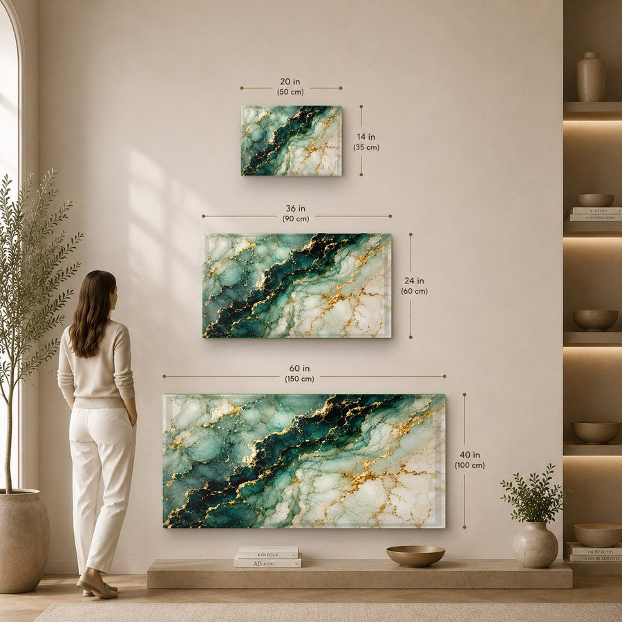 Luxury green and gold marble glass artwork displayed over a king-sized bed with neutral linens in a master bedroom.
