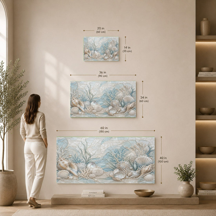 Modern seaside tempered glass art piece on a minimalist office wall, reflecting soft natural window light.