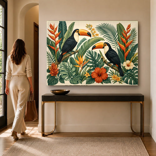 Tropical glass wall art hanging above a modern living room sofa