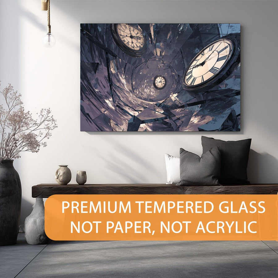Wall art of a clock design in a modern living room with decorative pillows and a vase.