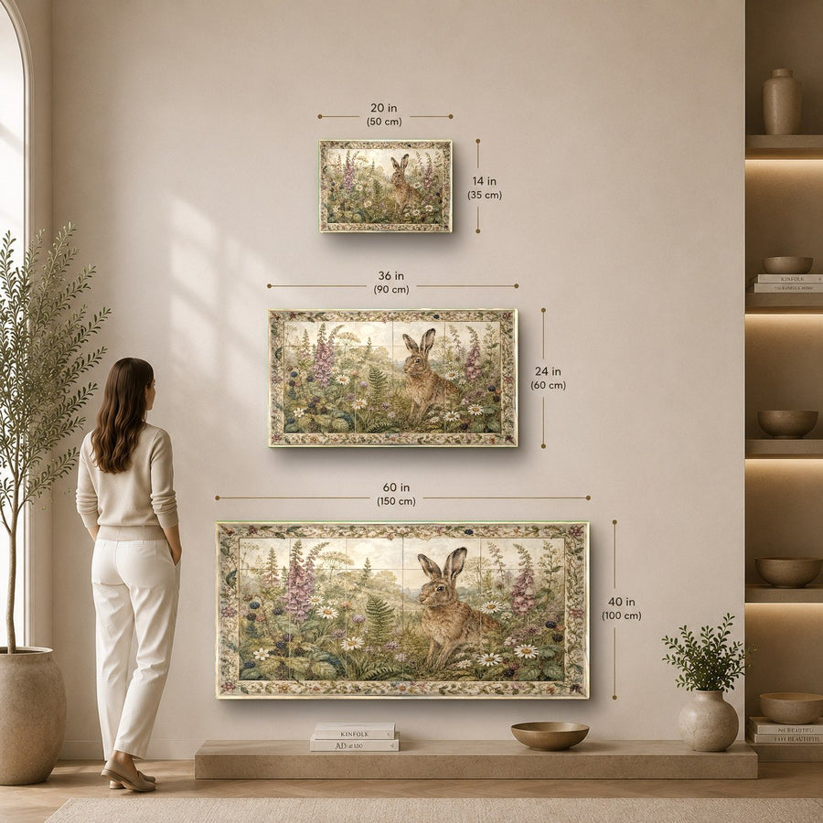 Framed rabbit glass art hanging in a warm and inviting hallway space