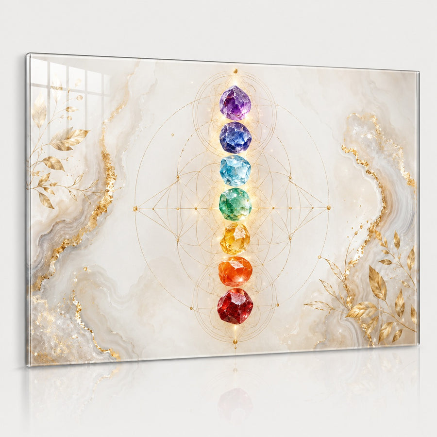 A rectangular wall art print or canvas featuring a chakra-style vertical arrangement of faceted gemstones in purple, blue, light blue, green, yellow, orange, and red on a soft white and beige marble background with gold veining and geometric line art. The artwork is shown hanging against a light gray wall with a subtle reflection below.