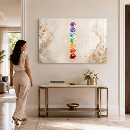 A rectangular wall art print or canvas featuring a vertical chakra-style arrangement of faceted gemstones in purple, blue, green, yellow, orange, and red on a soft cream marble background with gold geometric linework and gold leaf motifs.