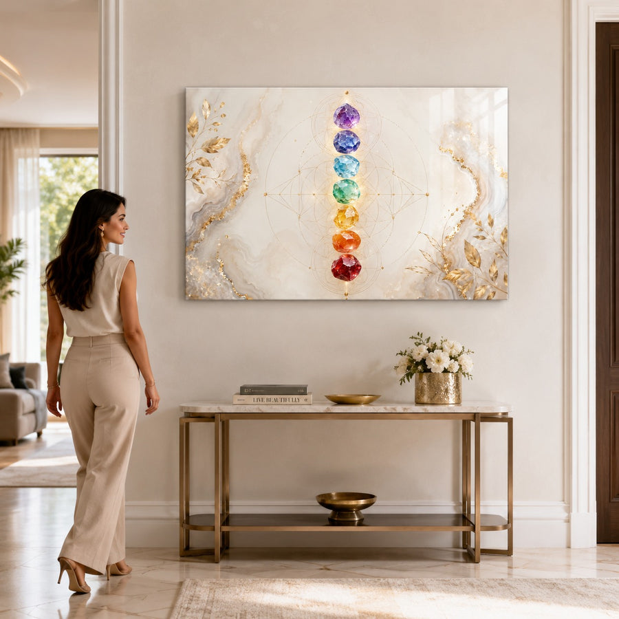 A woman stands in a bright, modern hallway looking at a large wall art print. The artwork features a white and gold marbled background with a vertical column of colorful chakra symbols in the center.