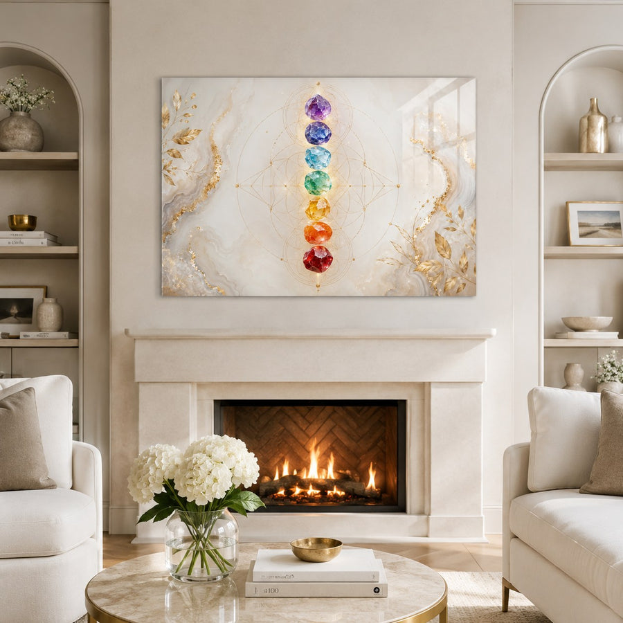 A large rectangular wall art piece hanging above a fireplace in a bright living room. The artwork shows a white marble-like background with gold floral details and a vertical column of colorful gemstone-like circles in purple, blue, green, yellow, orange, and red.