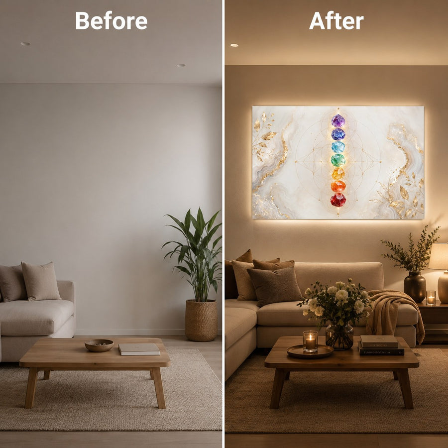 A side-by-side before and after comparison of a living room. The left 'Before' room is sparsely furnished with a sofa, coffee table, and a potted plant.