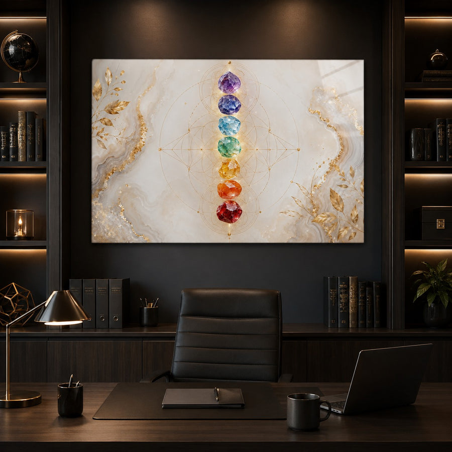 A large framed wall art print hangs above a dark wood desk in a modern home office. The artwork features a cream and white marble background with gold veining and a vertical column of colorful gemstone-like circles in purple, blue, green, yellow, orange, and red.