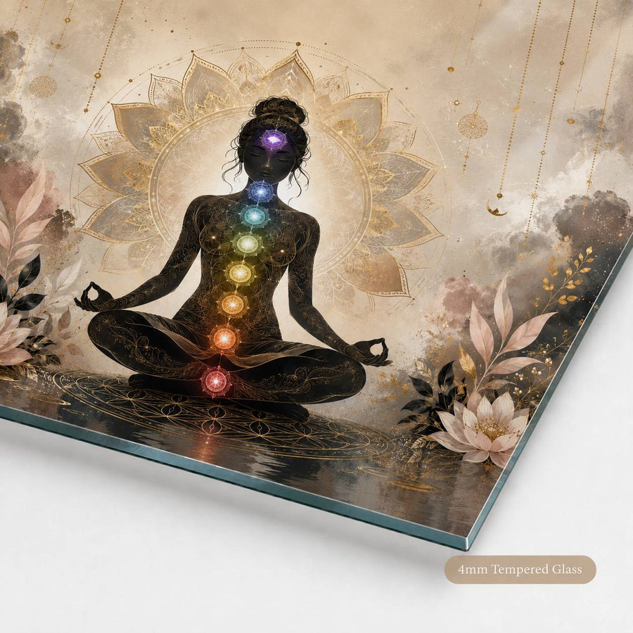 A square glass art print featuring a meditating female silhouette with glowing chakra points, surrounded by a lotus mandala and floral details on a warm beige background. The print is shown at an angle on a white surface, with a '4mm Tempered Glass' label in the corner.