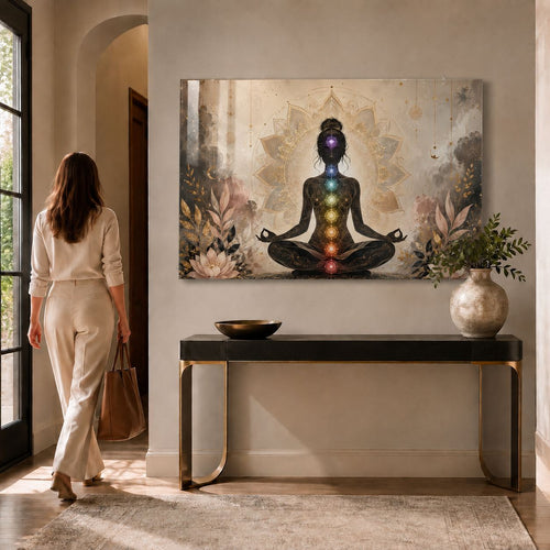 A rectangular wall art print or canvas showing a seated meditative silhouette with glowing chakra points, surrounded by soft floral and ornamental details in beige, gold, brown, and muted pink tones.