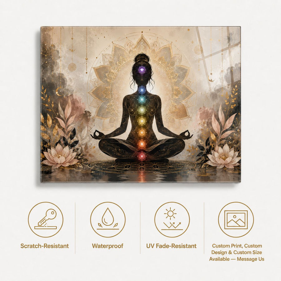 A rectangular wall art print or canvas showing a meditating human silhouette with glowing chakra-like lights in purple, blue, green, yellow, and red, set against a beige floral and ornamental background. Below the artwork are four feature icons with text reading Scratch-Resistant, Waterproof, UV Fade-Resistant, and Custom Print / Custom Design / Custom Size Available — Message Us.