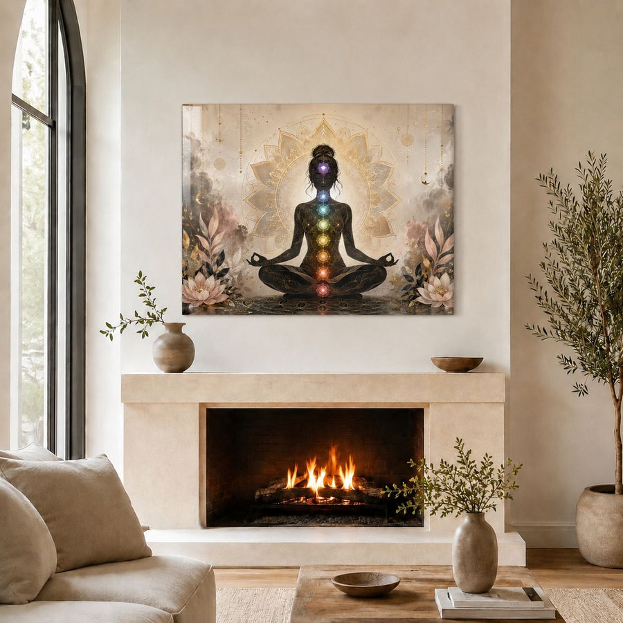 A framed wall art print showing a meditating figure with a rainbow chakra design, displayed above a fireplace in a styled living room setting.
