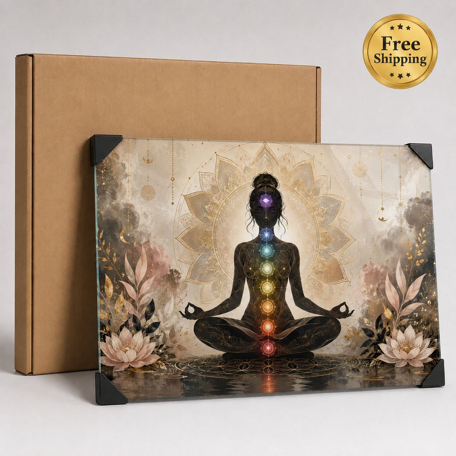 A rectangular art print or canvas featuring a seated meditating figure with glowing chakras, shown in front of a brown kraft box. The artwork has a warm beige background with floral details and black corner protectors.
