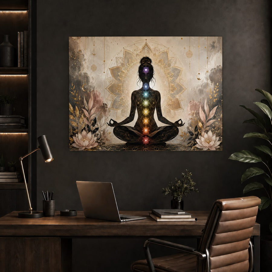 A framed wall art print depicting a seated meditating figure with glowing chakra-like lights, displayed above a desk in a dark modern room with a laptop, lamp, chair, and plant.