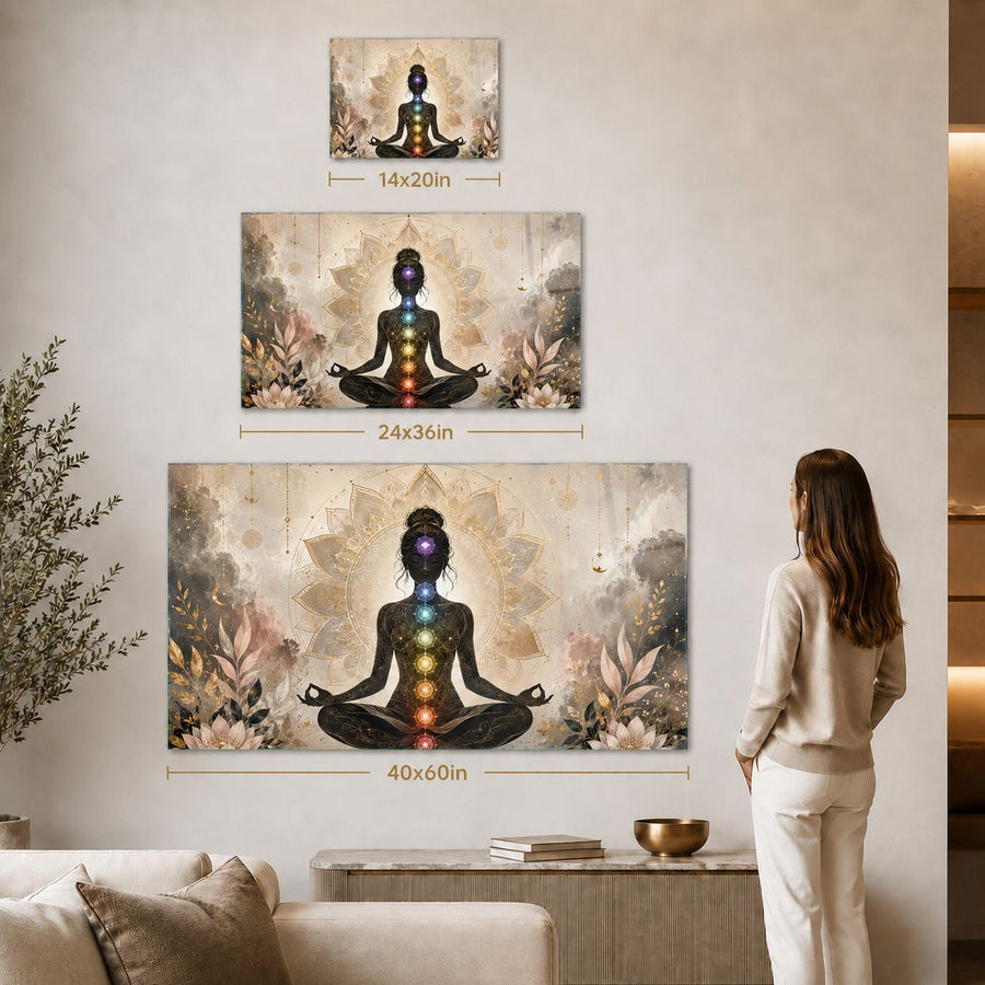 Three framed wall art prints showing a meditating figure with a rainbow chakra design, displayed on a beige wall in a living room. The prints are shown in three sizes with dimension labels, and a woman stands to the right viewing the largest print.