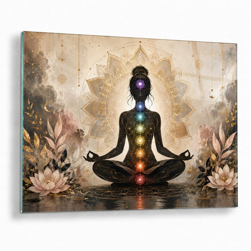 A rectangular wall art print or canvas showing a seated meditative silhouette with glowing chakra points, surrounded by soft floral and ornamental details in beige, gold, brown, and muted pink tones.