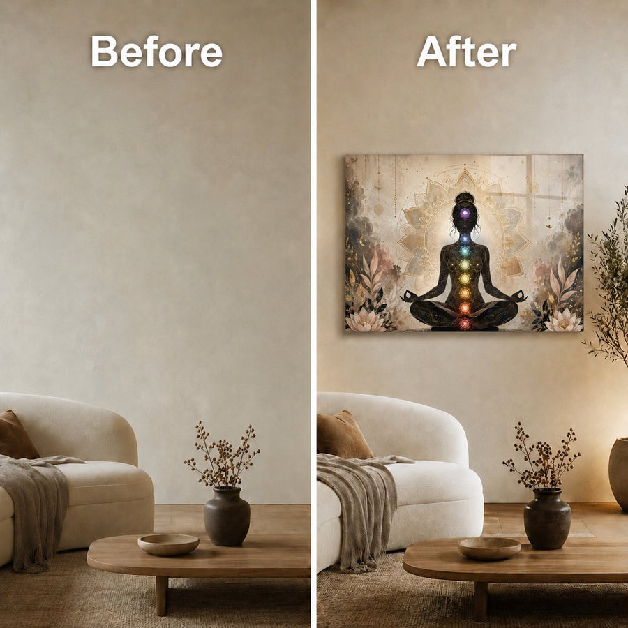 A split-screen comparison labeled 'Before' and 'After' showing a meditation wall art print hanging above a sofa in a living room. The left side shows an empty wall, while the right side shows the print installed in a styled interior.