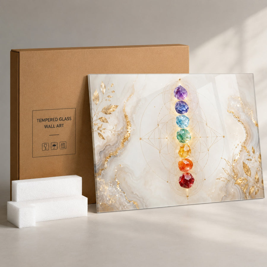 Tempered glass wall art featuring a white and gold marbled design with a vertical rainbow chakra line, displayed next to its brown cardboard packaging box and two white foam inserts on a light gray surface.