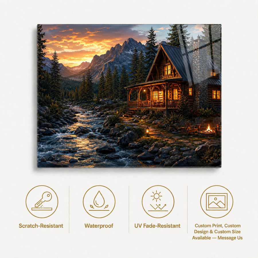 A canvas wall art print showing a mountain cabin beside a flowing stream at sunset, displayed above four feature icons for scratch resistance, waterproofing, UV fade resistance, and custom print options.