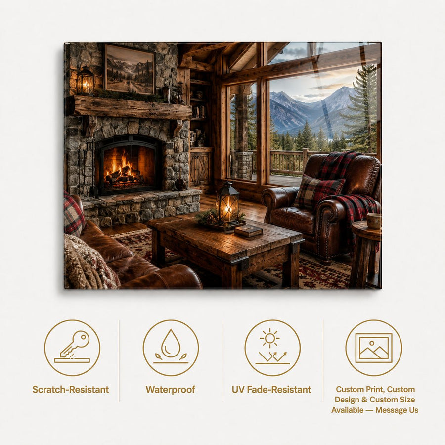 A rectangular wall art print showing a cozy rustic lodge interior with a fireplace, leather armchair, wooden coffee table, and large windows overlooking mountains, displayed on a light background with feature icons below.